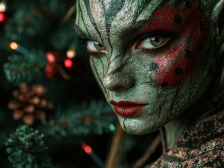 mysterious woman with painted face in forestの素材