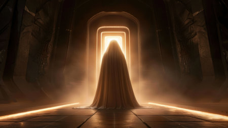 Mysterious figure in glowing archwayの素材