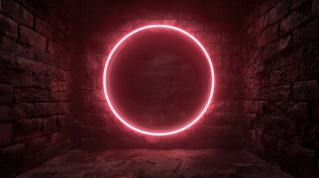 Glowing neon circle in dark brick roomの素材