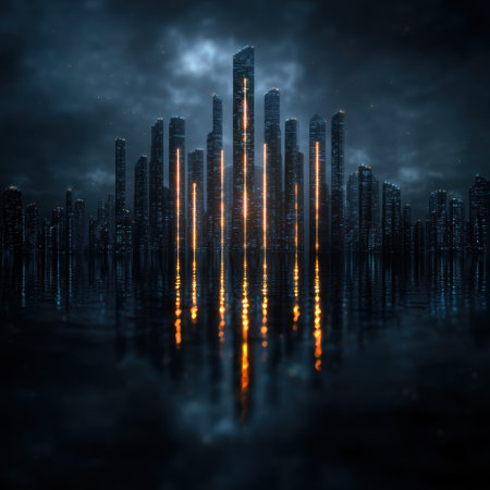 Futuristic city skyline at night with glowing skyscrapers and reflectionsの素材