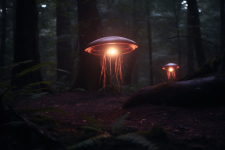 Glowing mushroom in dark forestの素材