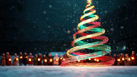 Colorful Christmas tree lights in winter wonderlandの素材