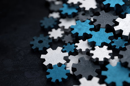 Scattered gears and cogs in blue and gray tonesの素材