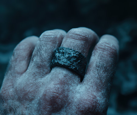 Rough, weathered hand holding a piece of coalの素材