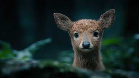 Curious deer peering through foliageの素材