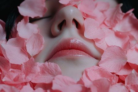 close-up of pink rose petals surrounding a faceの素材