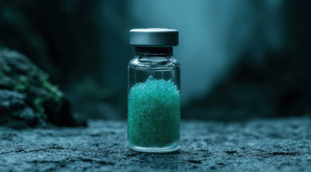 Mysterious glass jar filled with blue crystalsの素材