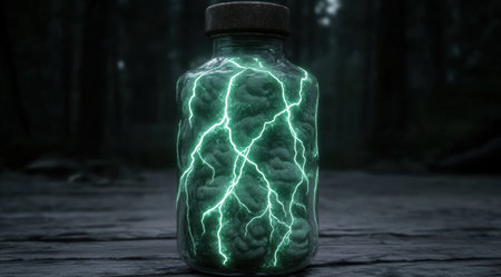 Mystical energy bottle with glowing lightningの素材