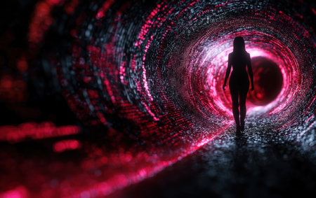 Silhouette figure walking through vibrant digital tunnelの素材