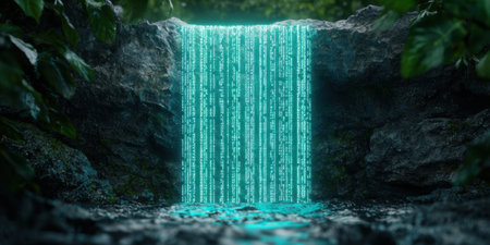 Futuristic digital waterfall in lush forestの素材