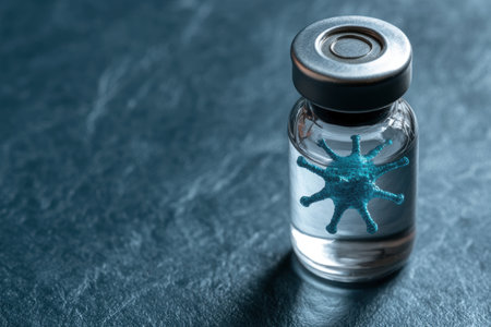 Coronavirus vaccine vial with blue starfishの素材