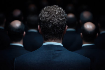 Businessman with curly hair in dark suitの素材