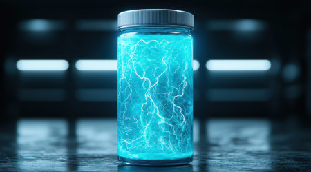 Glowing blue liquid in glass jarの素材