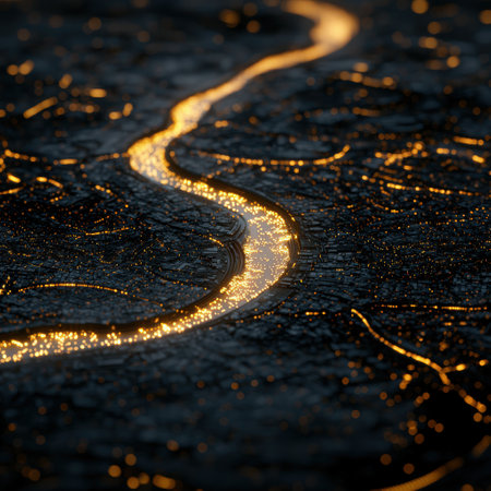 Glowing golden river flowing through the nightの素材