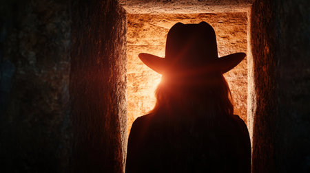 silhouette of person wearing cowboy hat in dark caveの素材