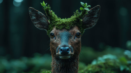 close-up of a deer with moss-covered antlers in a dark forestの素材