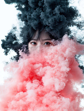 woman surrounded by colorful smokeの素材
