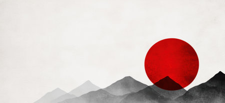 Minimalist landscape with red sun and mountainsの素材