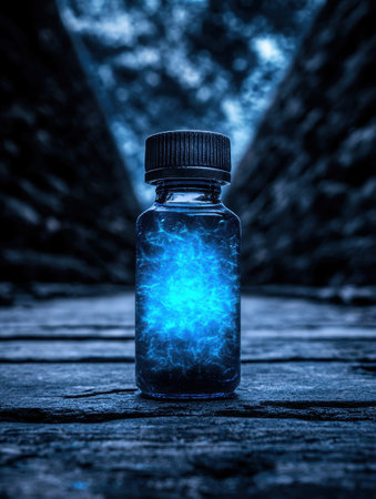 Glowing blue potion bottle in dark forestの素材