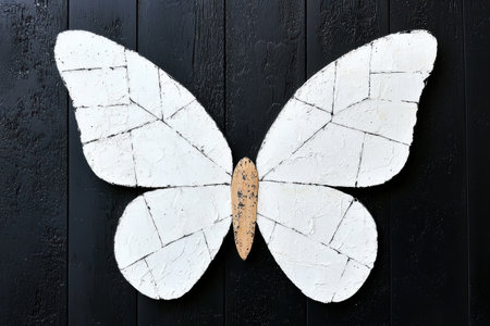 abstract white butterfly on black wooden backgroundの素材