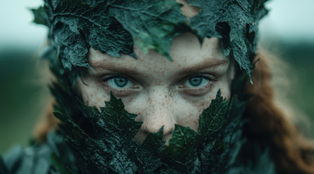 Mysterious eyes peering through leavesの素材