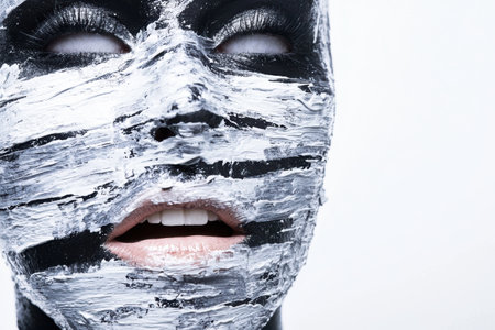 Dramatic close-up of a face covered in black and white paintの素材