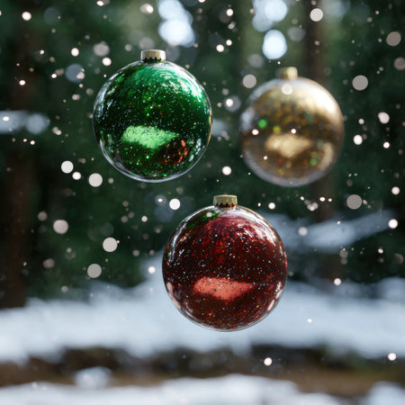Colorful christmas ornaments hanging in snowy winter sceneの素材