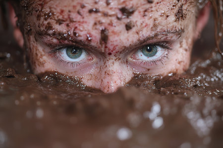 close-up of a person's face covered in snowの素材