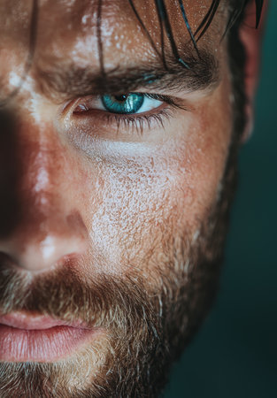 close-up of a man's face with a piercing blue eyeの素材