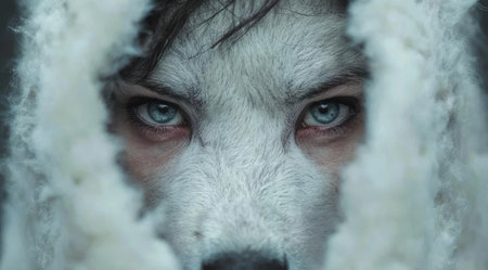 Intense eyes of a wolf in the snowの素材