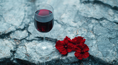 glass of red wine with red flowers on a rocky surfaceの素材