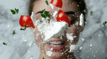 Strawberries and powdered sugar in motionの素材