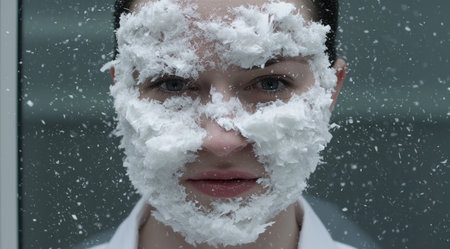 close-up portrait of person with snow-covered faceの素材