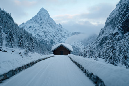 Snowy mountain cabin in winter landscapeの素材