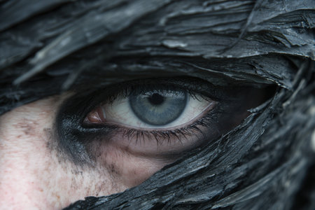 Mysterious eye peering through dark foliageの素材