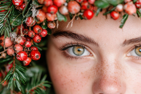 close-up of eye surrounded by festive foliageの素材