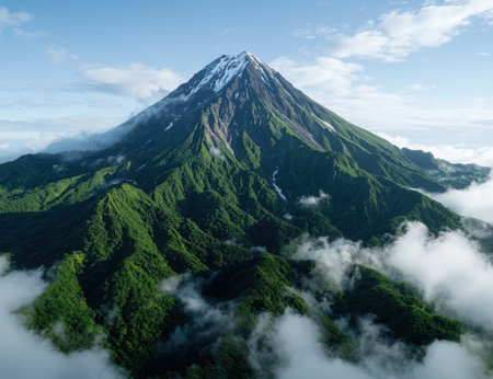Majestic snow-capped mountain surrounded by lush green forests and cloudsの素材
