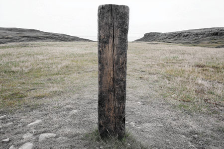 Weathered wooden post in remote fieldの素材