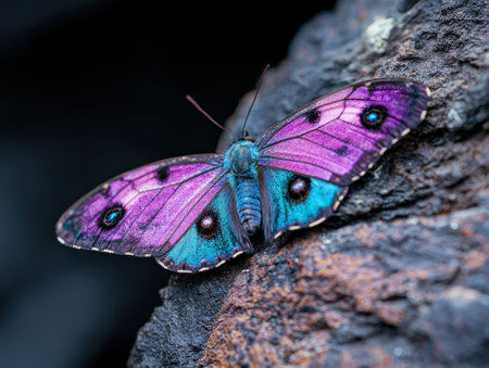 Vibrant butterfly perched on rockの素材