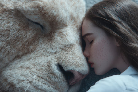 young woman cuddling with fluffy white dogの素材