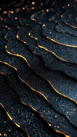 Glittering golden waves on a dark backgroundの素材