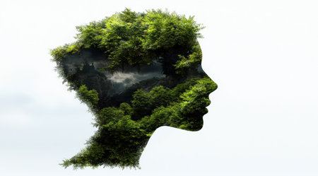 human face silhouette with lush forest landscapeの素材