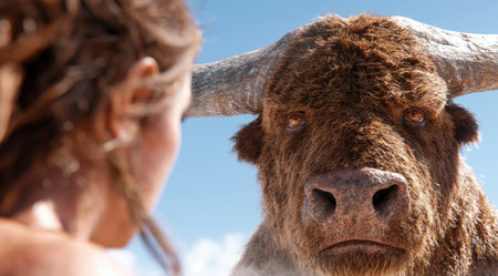 close up of a furry brown animal with large hornsの素材