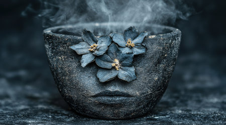 Mystical floral arrangement in dark ceramic bowlの素材