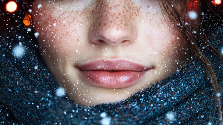 Closeup of a woman's face with glittering snowflakesの素材