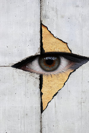 eye peeking through cracked concrete wallの素材