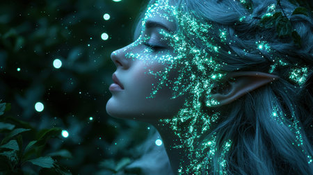 Enchanting portrait of a mystical woman surrounded by glowing particlesの素材