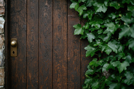 Rustic wooden door with ivy leavesの素材
