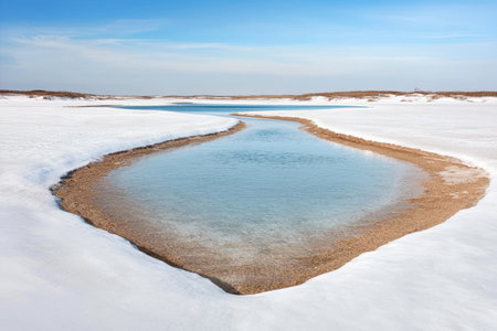 Serene frozen lake landscape with winding streamの素材