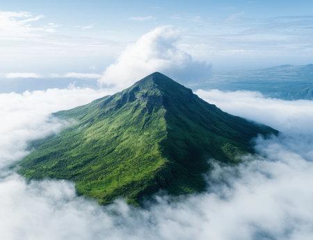 Majestic volcanic mountain peak surrounded by cloudsの素材